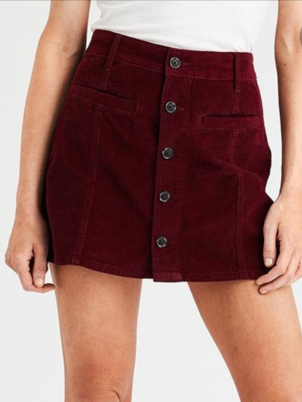 AMERICAN EAGLE Hi-Rise Corduroy Mini Skirt 00 Maroon Wine Button Front EXCELLENT